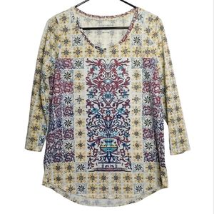 Lucky Brand Women's Boho Scoop Neck 3/4 Sleeve Cream Yellow Top Size Large